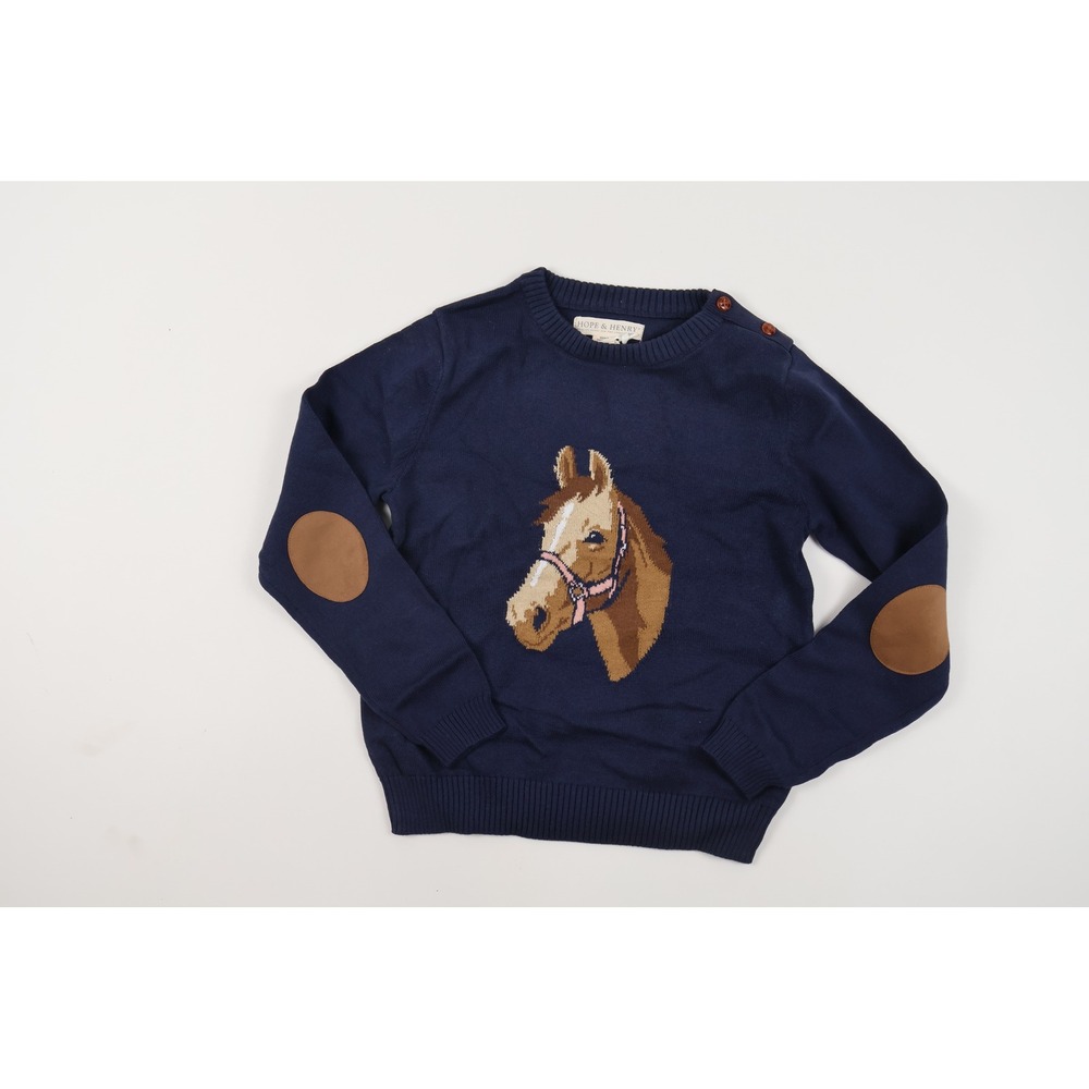 Hope & Henry Intarsia Horse Sweater Navy Blue M Organic Cotton NWT